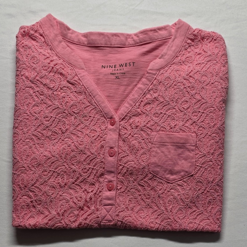 Nine West Pink VNeck 3 Button Roll Tab Long Sleeve Shirt Lace Overlay Size XL